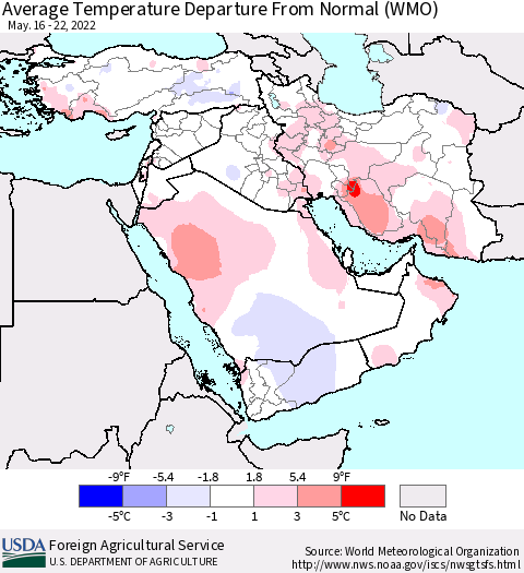 Middle East and Turkey Average Temperature Departure from Normal (WMO) Thematic Map For 5/16/2022 - 5/22/2022