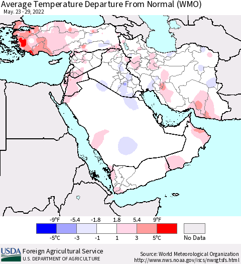 Middle East and Turkey Average Temperature Departure from Normal (WMO) Thematic Map For 5/23/2022 - 5/29/2022