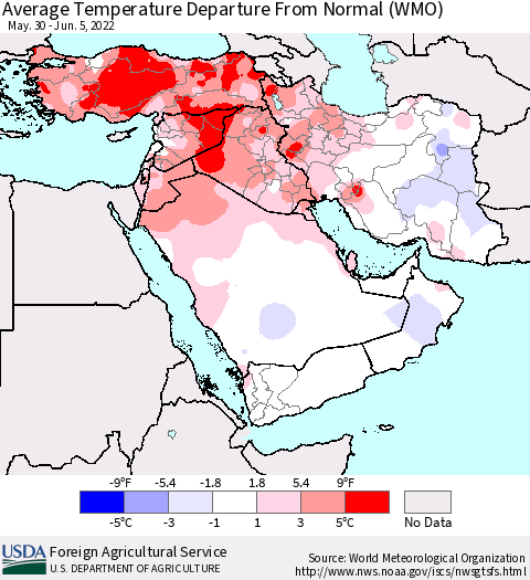 Middle East and Turkey Average Temperature Departure from Normal (WMO) Thematic Map For 5/30/2022 - 6/5/2022