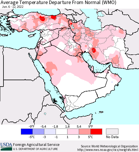 Middle East and Turkey Average Temperature Departure from Normal (WMO) Thematic Map For 6/6/2022 - 6/12/2022