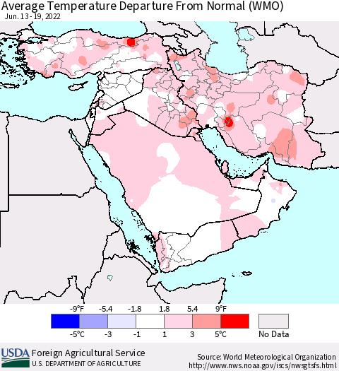 Middle East and Turkey Average Temperature Departure from Normal (WMO) Thematic Map For 6/13/2022 - 6/19/2022