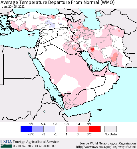Middle East and Turkey Average Temperature Departure from Normal (WMO) Thematic Map For 6/20/2022 - 6/26/2022