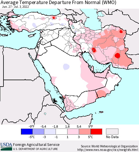 Middle East and Turkey Average Temperature Departure from Normal (WMO) Thematic Map For 6/27/2022 - 7/3/2022