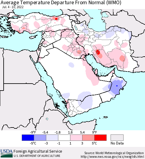 Middle East and Turkey Average Temperature Departure from Normal (WMO) Thematic Map For 7/4/2022 - 7/10/2022