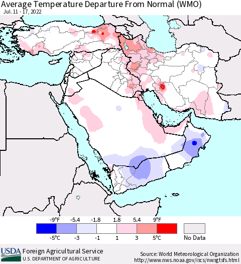 Middle East and Turkey Average Temperature Departure from Normal (WMO) Thematic Map For 7/11/2022 - 7/17/2022