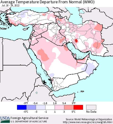 Middle East and Turkey Average Temperature Departure from Normal (WMO) Thematic Map For 7/18/2022 - 7/24/2022