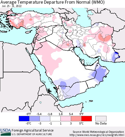 Middle East and Turkey Average Temperature Departure from Normal (WMO) Thematic Map For 7/25/2022 - 7/31/2022