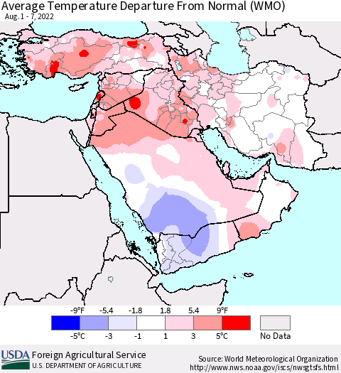 Middle East and Turkey Average Temperature Departure from Normal (WMO) Thematic Map For 8/1/2022 - 8/7/2022