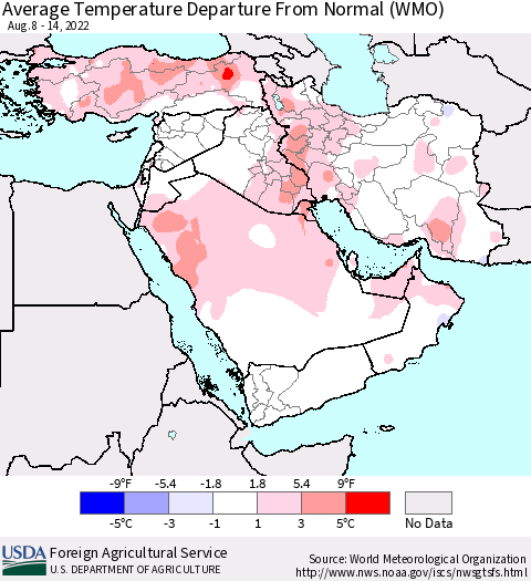 Middle East and Turkey Average Temperature Departure from Normal (WMO) Thematic Map For 8/8/2022 - 8/14/2022