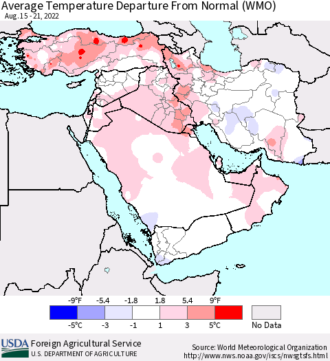 Middle East and Turkey Average Temperature Departure from Normal (WMO) Thematic Map For 8/15/2022 - 8/21/2022