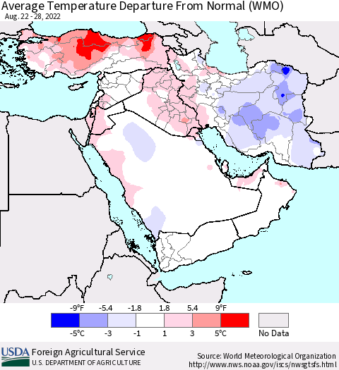 Middle East and Turkey Average Temperature Departure from Normal (WMO) Thematic Map For 8/22/2022 - 8/28/2022