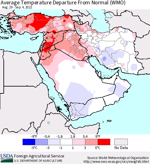 Middle East and Turkey Average Temperature Departure from Normal (WMO) Thematic Map For 8/29/2022 - 9/4/2022