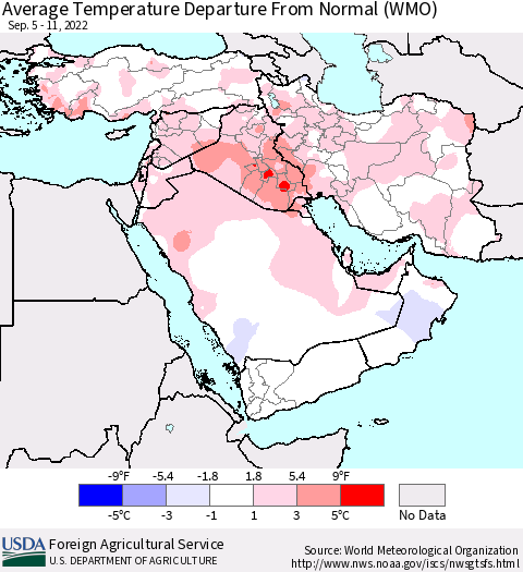 Middle East and Turkey Average Temperature Departure from Normal (WMO) Thematic Map For 9/5/2022 - 9/11/2022