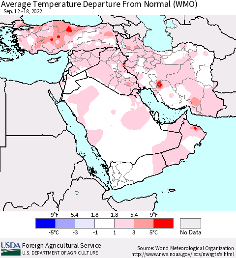 Middle East and Turkey Average Temperature Departure from Normal (WMO) Thematic Map For 9/12/2022 - 9/18/2022