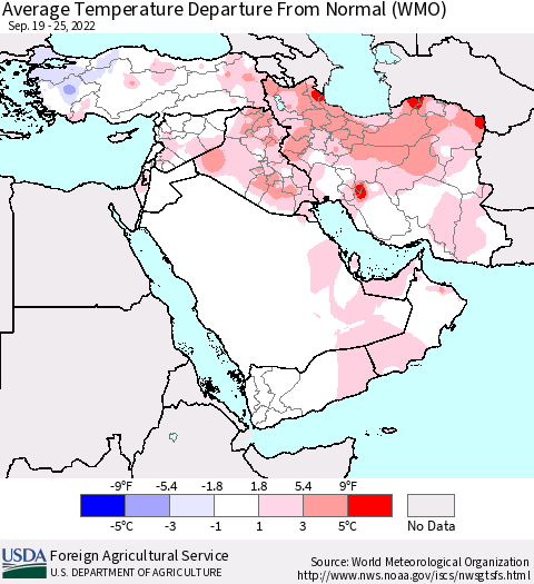 Middle East and Turkey Average Temperature Departure from Normal (WMO) Thematic Map For 9/19/2022 - 9/25/2022