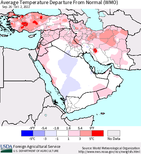 Middle East and Turkey Average Temperature Departure from Normal (WMO) Thematic Map For 9/26/2022 - 10/2/2022