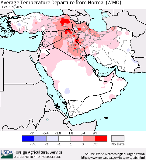Middle East and Turkey Average Temperature Departure from Normal (WMO) Thematic Map For 10/3/2022 - 10/9/2022