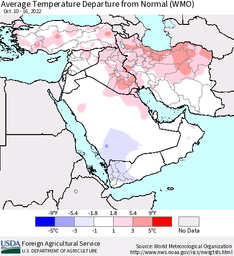 Middle East and Turkey Average Temperature Departure from Normal (WMO) Thematic Map For 10/10/2022 - 10/16/2022