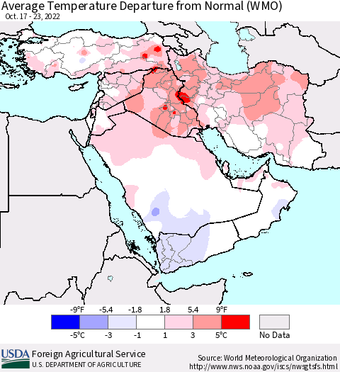 Middle East and Turkey Average Temperature Departure from Normal (WMO) Thematic Map For 10/17/2022 - 10/23/2022