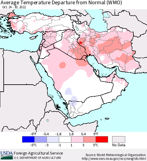 Middle East and Turkey Average Temperature Departure from Normal (WMO) Thematic Map For 10/24/2022 - 10/30/2022