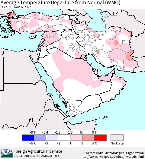 Middle East and Turkey Average Temperature Departure from Normal (WMO) Thematic Map For 10/31/2022 - 11/6/2022