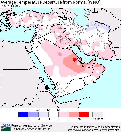 Middle East and Turkey Average Temperature Departure from Normal (WMO) Thematic Map For 11/7/2022 - 11/13/2022