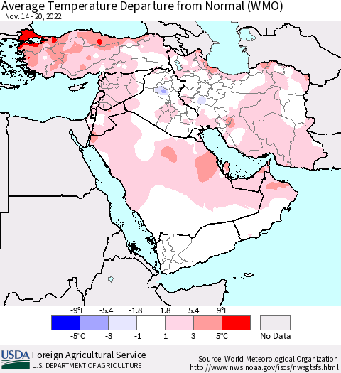 Middle East and Turkey Average Temperature Departure from Normal (WMO) Thematic Map For 11/14/2022 - 11/20/2022