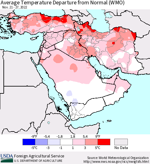 Middle East and Turkey Average Temperature Departure from Normal (WMO) Thematic Map For 11/21/2022 - 11/27/2022