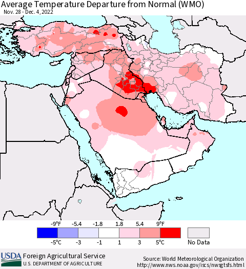 Middle East and Turkey Average Temperature Departure from Normal (WMO) Thematic Map For 11/28/2022 - 12/4/2022