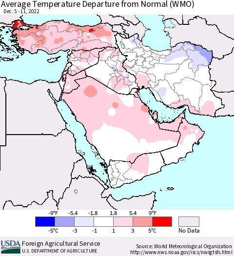Middle East and Turkey Average Temperature Departure from Normal (WMO) Thematic Map For 12/5/2022 - 12/11/2022