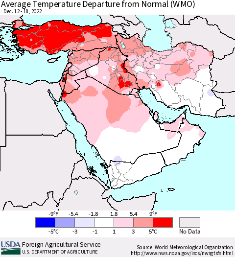 Middle East and Turkey Average Temperature Departure from Normal (WMO) Thematic Map For 12/12/2022 - 12/18/2022