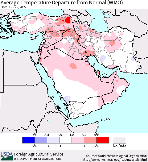 Middle East and Turkey Average Temperature Departure from Normal (WMO) Thematic Map For 12/19/2022 - 12/25/2022