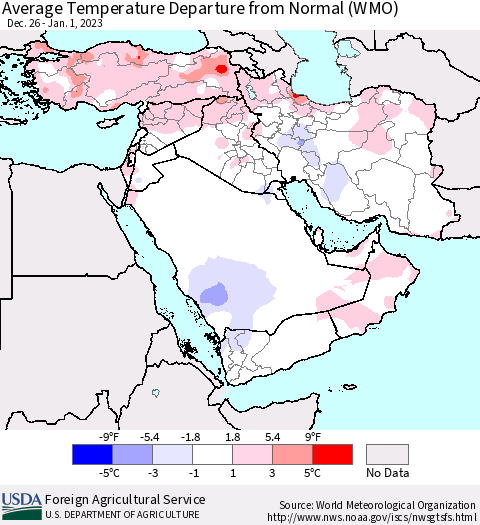 Middle East and Turkey Average Temperature Departure from Normal (WMO) Thematic Map For 12/26/2022 - 1/1/2023