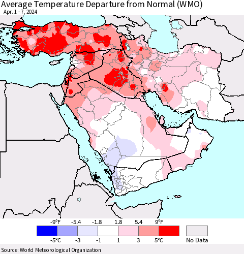 Middle East and Turkey Average Temperature Departure from Normal (WMO) Thematic Map For 4/1/2024 - 4/7/2024