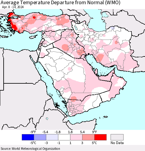 Middle East and Turkey Average Temperature Departure from Normal (WMO) Thematic Map For 4/8/2024 - 4/14/2024