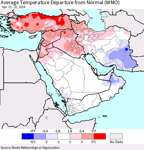 Middle East and Turkey Average Temperature Departure from Normal (WMO) Thematic Map For 4/15/2024 - 4/21/2024