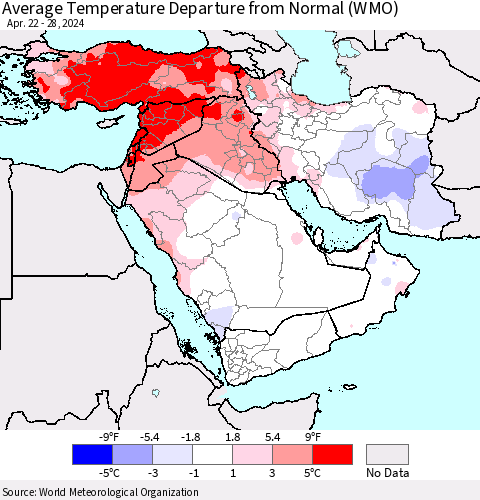 Middle East and Turkey Average Temperature Departure from Normal (WMO) Thematic Map For 4/22/2024 - 4/28/2024