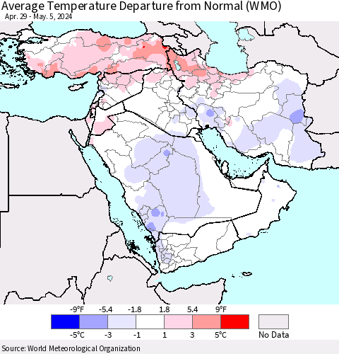 Middle East and Turkey Average Temperature Departure from Normal (WMO) Thematic Map For 4/29/2024 - 5/5/2024