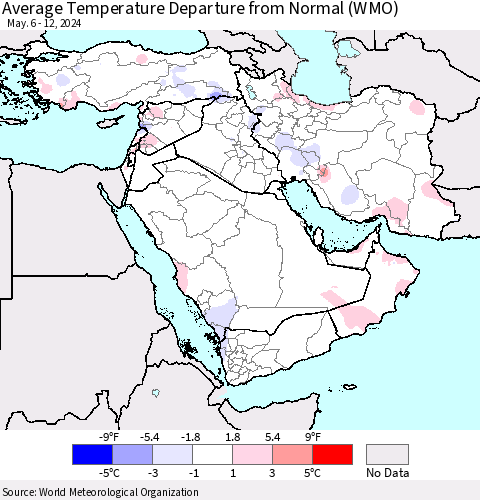 Middle East and Turkey Average Temperature Departure from Normal (WMO) Thematic Map For 5/6/2024 - 5/12/2024