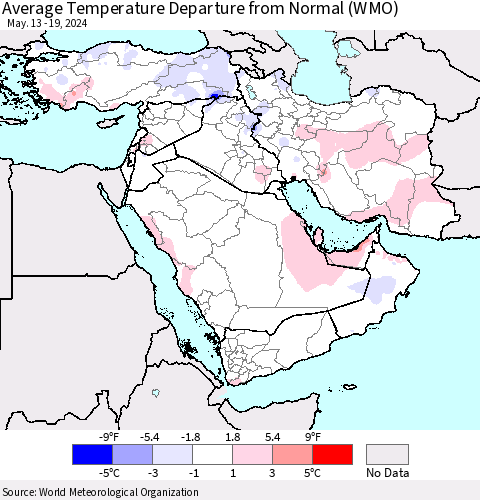 Middle East and Turkey Average Temperature Departure from Normal (WMO) Thematic Map For 5/13/2024 - 5/19/2024