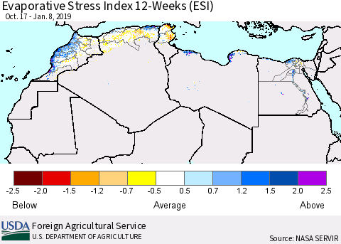 North Africa Evaporative Stress Index (ESI), 12-Weeks Thematic Map For 1/7/2019 - 1/13/2019