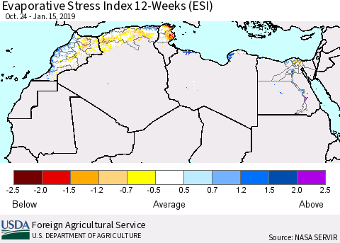 North Africa Evaporative Stress Index (ESI), 12-Weeks Thematic Map For 1/14/2019 - 1/20/2019