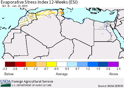 North Africa Evaporative Stress Index (ESI), 12-Weeks Thematic Map For 1/21/2019 - 1/27/2019