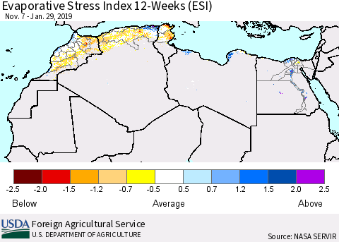 North Africa Evaporative Stress Index (ESI), 12-Weeks Thematic Map For 1/28/2019 - 2/3/2019