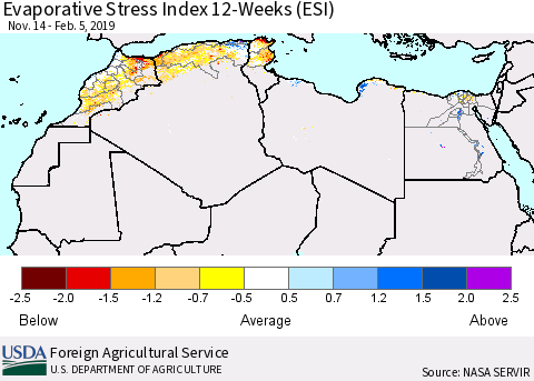 North Africa Evaporative Stress Index (ESI), 12-Weeks Thematic Map For 2/4/2019 - 2/10/2019