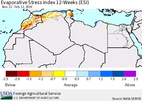 North Africa Evaporative Stress Index (ESI), 12-Weeks Thematic Map For 2/11/2019 - 2/17/2019