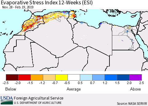 North Africa Evaporative Stress Index (ESI), 12-Weeks Thematic Map For 2/18/2019 - 2/24/2019