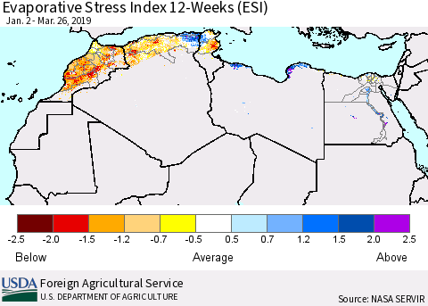 North Africa Evaporative Stress Index (ESI), 12-Weeks Thematic Map For 3/25/2019 - 3/31/2019