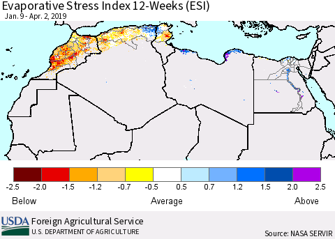 North Africa Evaporative Stress Index (ESI), 12-Weeks Thematic Map For 4/1/2019 - 4/7/2019