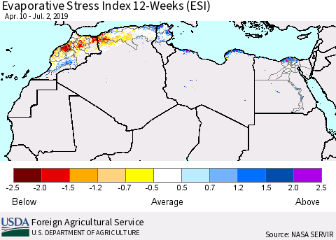North Africa Evaporative Stress Index (ESI), 12-Weeks Thematic Map For 7/1/2019 - 7/7/2019